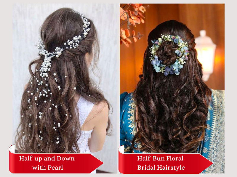Half-up and Down with Pearl, Half-Bun Floral Bridal Hairstyle