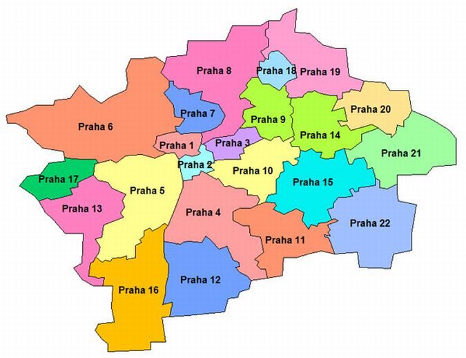 22 административных округа Праги