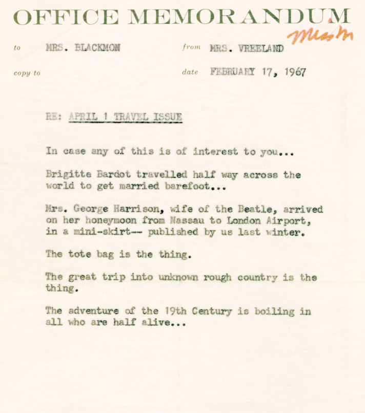 image of a typed memo from Diana Vreeland during her time at Conde Nast