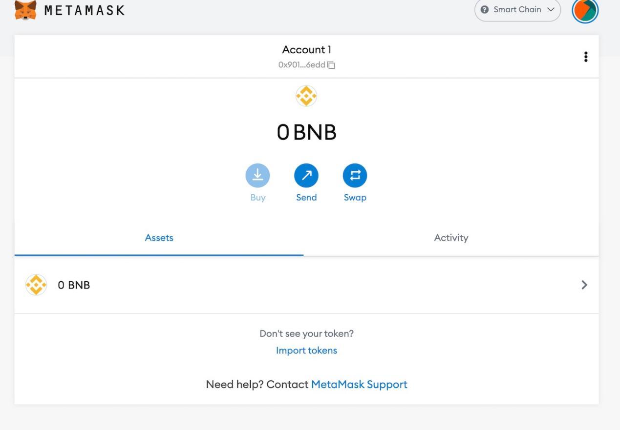 Metamask account with 0 BNB