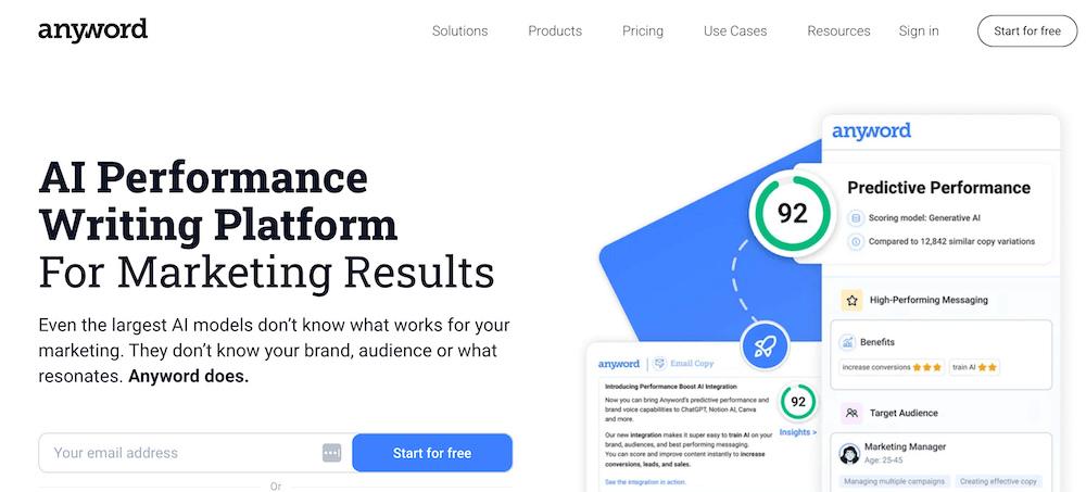 Anyword, Ai performance writing platform for marketing. Homepage screenshot