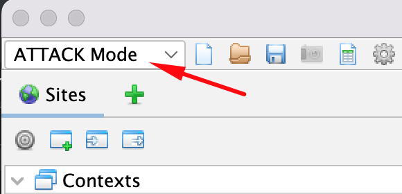 The Mode selector dropdown in the ZAP main window, with ATTACK Mode selected.