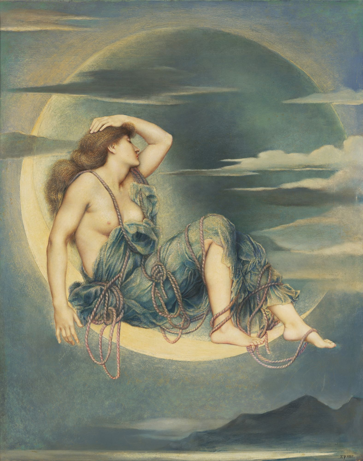 This masterpiece is titled "Luna" and was created by the talented Evelyn De Morgan. The painting portrays the moon as the goddess Luna with flowing blond hair, gracefully adorned in blue robes, resting within the moon's crescent.