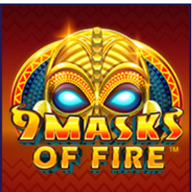 A logo of the 9 masks of fire which shows a golden mask over the text. 