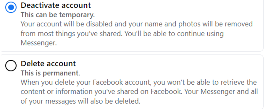 A Screenshot showing options to deactivate or delete account