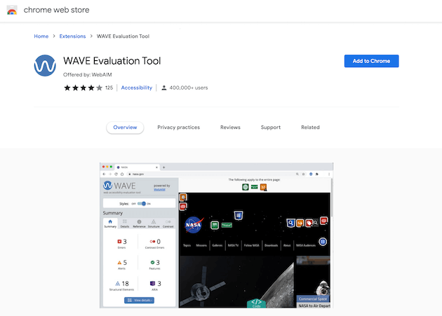 Screenshot of Chrome Web Store, Wave Evaluation tool