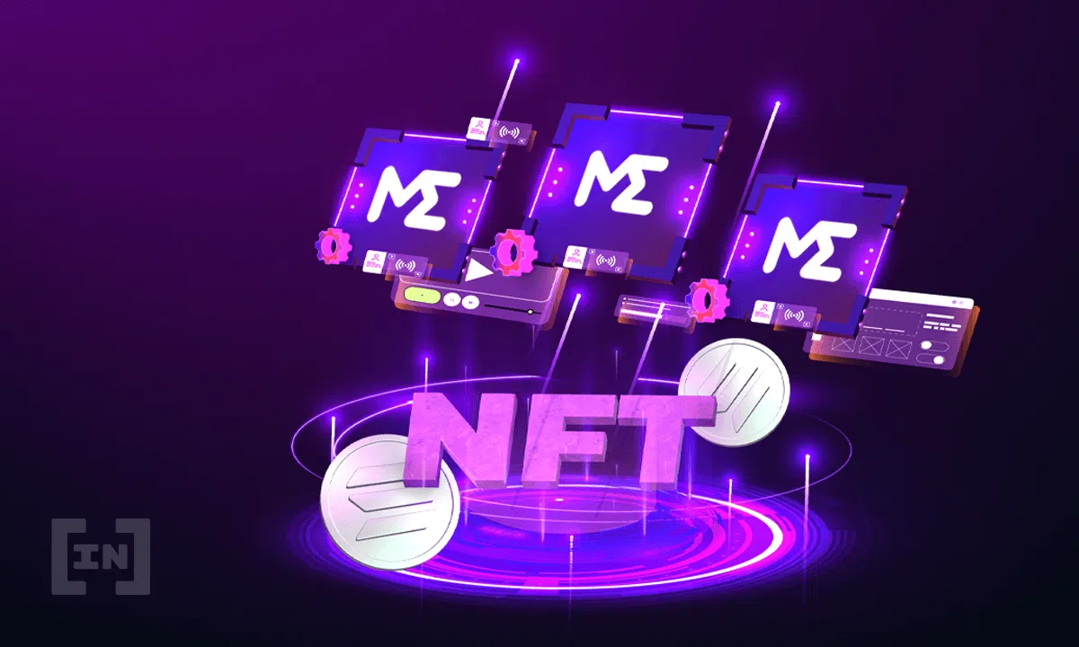NFT Minting Cover. Magic Eden NFTs illustriert durch mehrere quadratische Boxen in der lila Markenfarbe von Magic Eden.