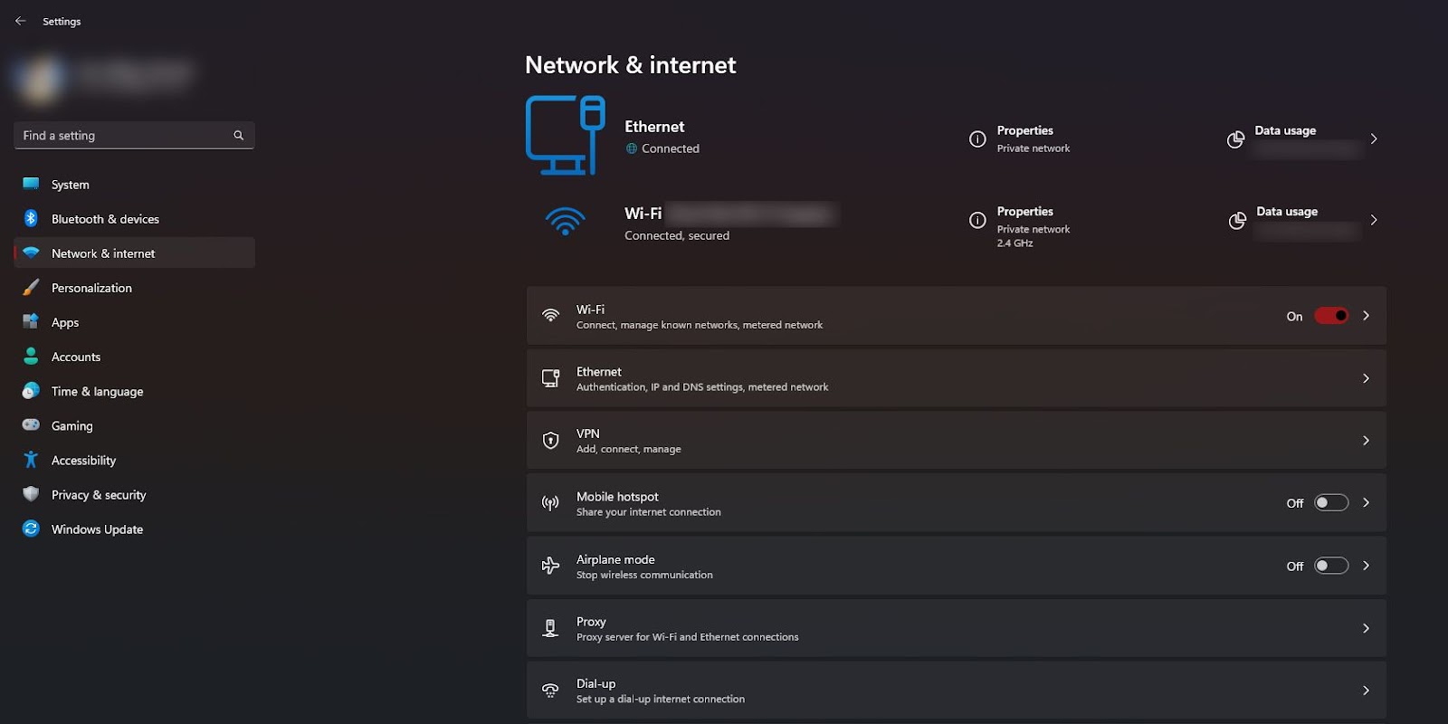 Network & internet settings on Windows 11