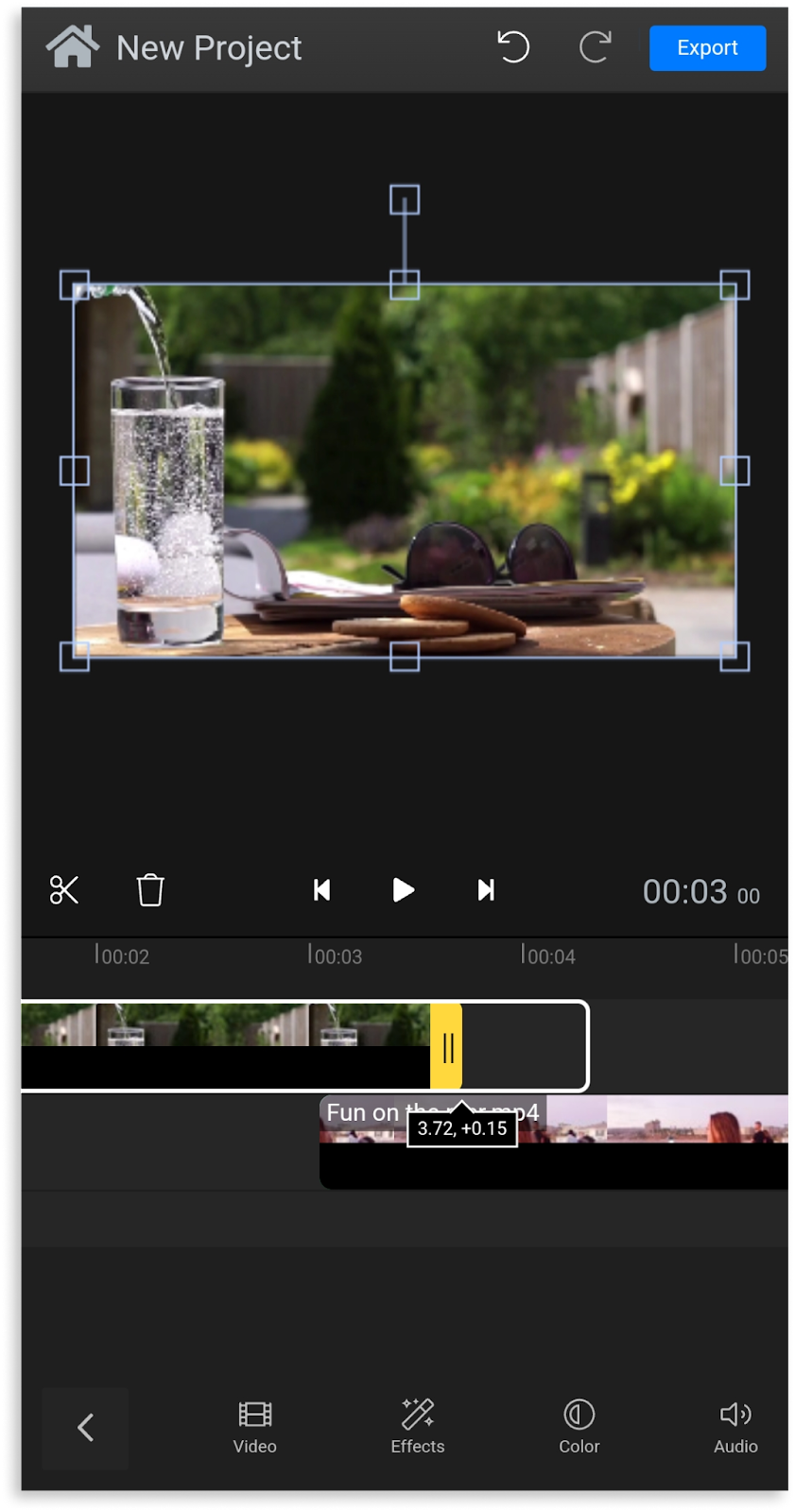 A screenshot of a video being trimmed using Flixier on an Android phone.