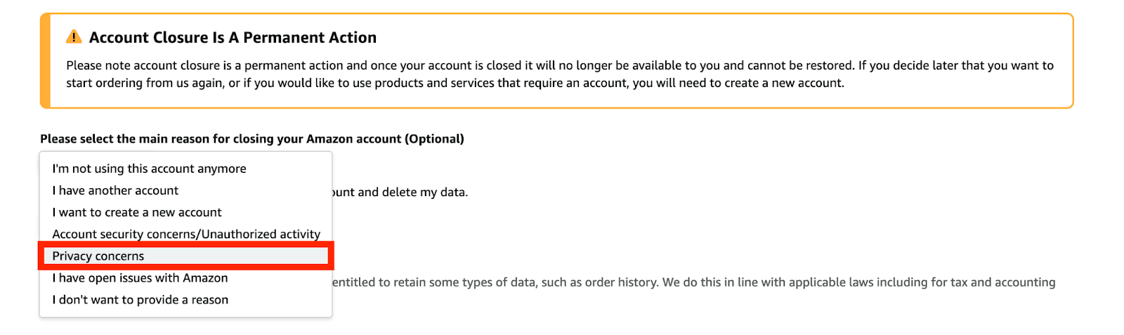 Screenshot of selecting a reason for closing Amazon account