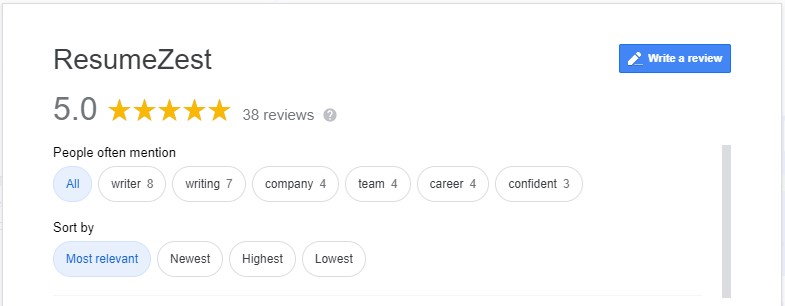 ResumeZest Google reviews