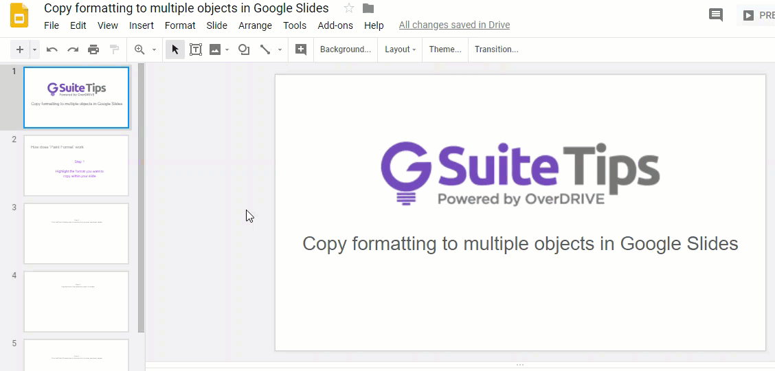 Copy formatting to multiple objects in Slides | Workspace Tips