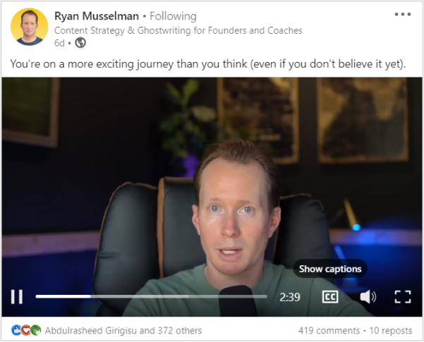 Here Ryan shared a native video post on LinkedIn.