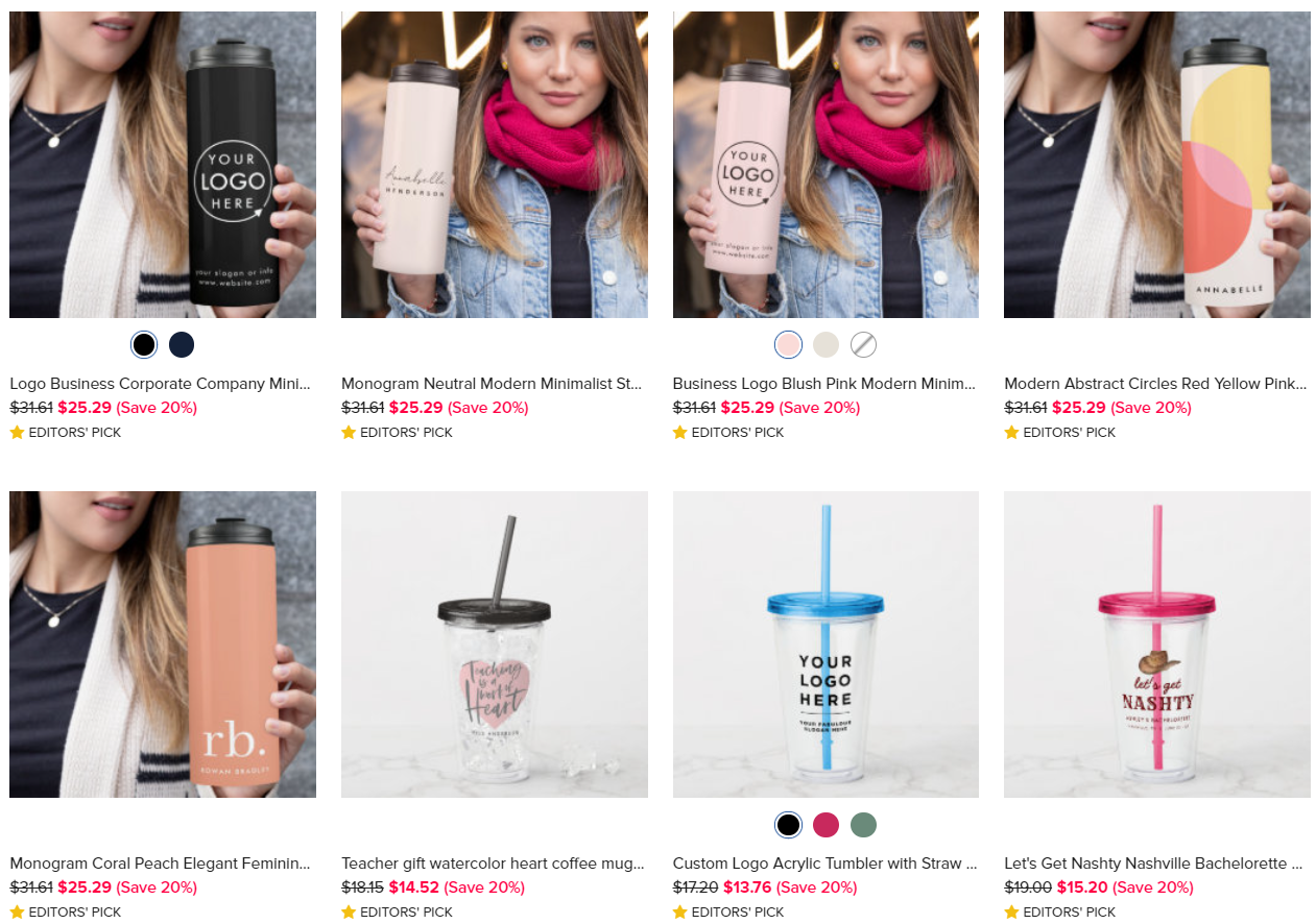 Selection of print on demand tumblers on Zazzle