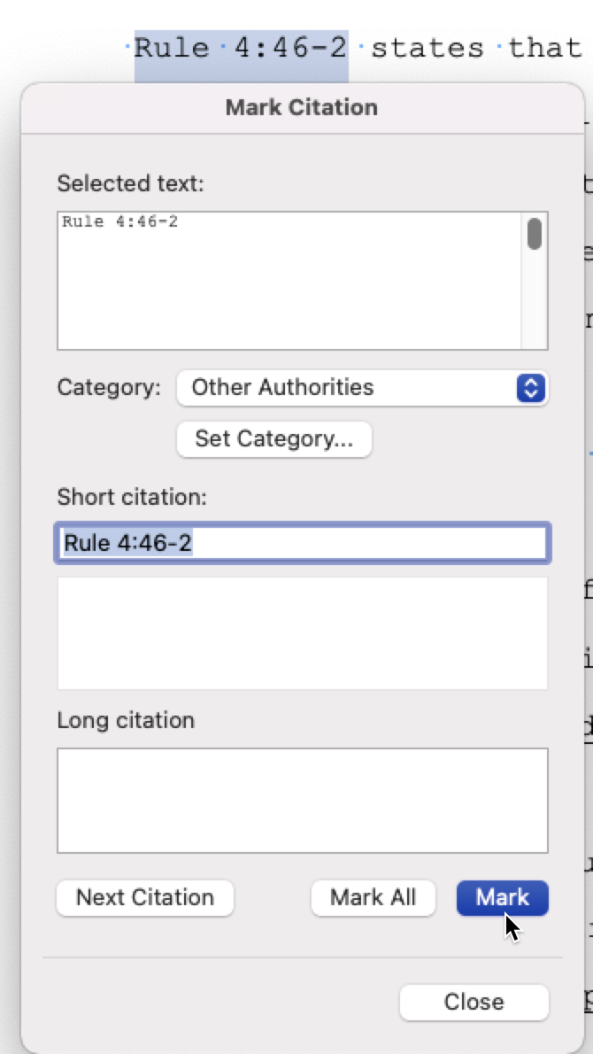Example of a highlighted reference.  Word for Mac, Marc Citation dialog box.  Cursor on "Mark."