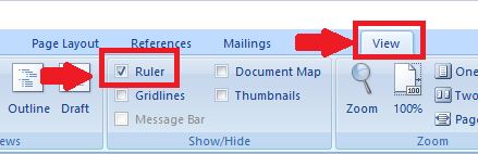 Centang pilihan “Ruler” pada menu "View"
