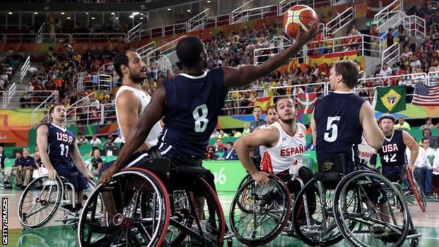 Brian Bell of USA in action during the men's wheelchair basketball gold-medal match between Spain and USA at the Rio Paralympic Games