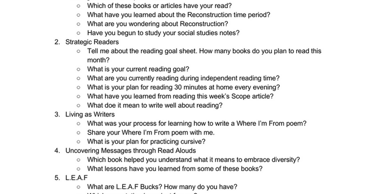 Possible Questions to Ask Your Child by N. Jefferson and M. Drayton