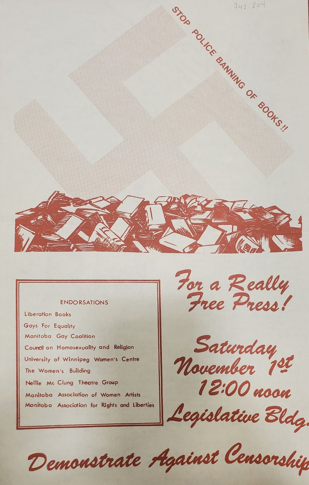 A poster for the November 1, 1980 Censorship Demonstration, with a slogan that says “for a really free press!” and a nazi symbol as the background image.