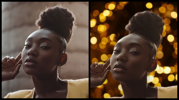 Montagem de uma mulher negra posando mostrando o antes e depois da edição. 