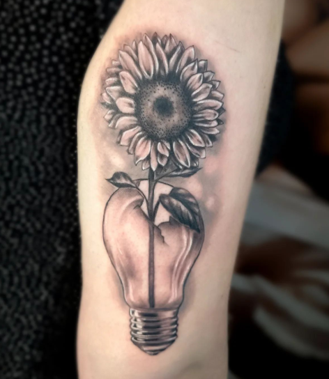 3D Broken Bulb Sunflower Tattoo Design