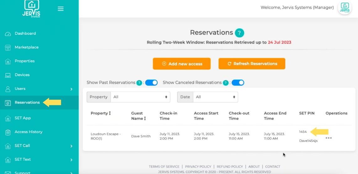 screenshot of reservations screen with SET PIN code highlighted
