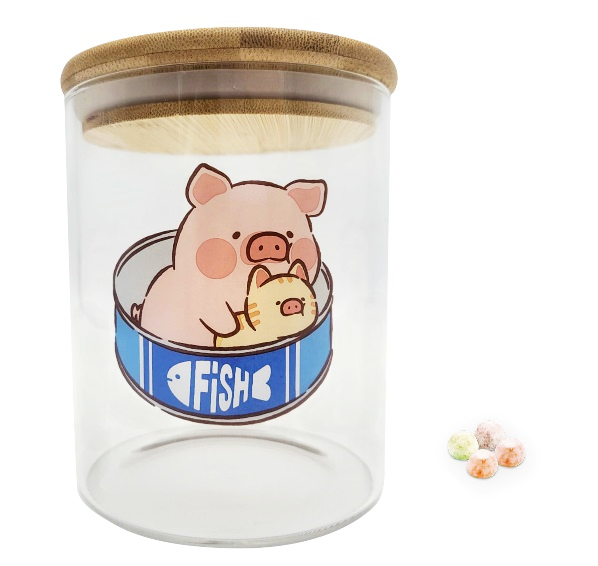 A glass jar with a cartoon pig and cat
Description automatically generated with low confidence