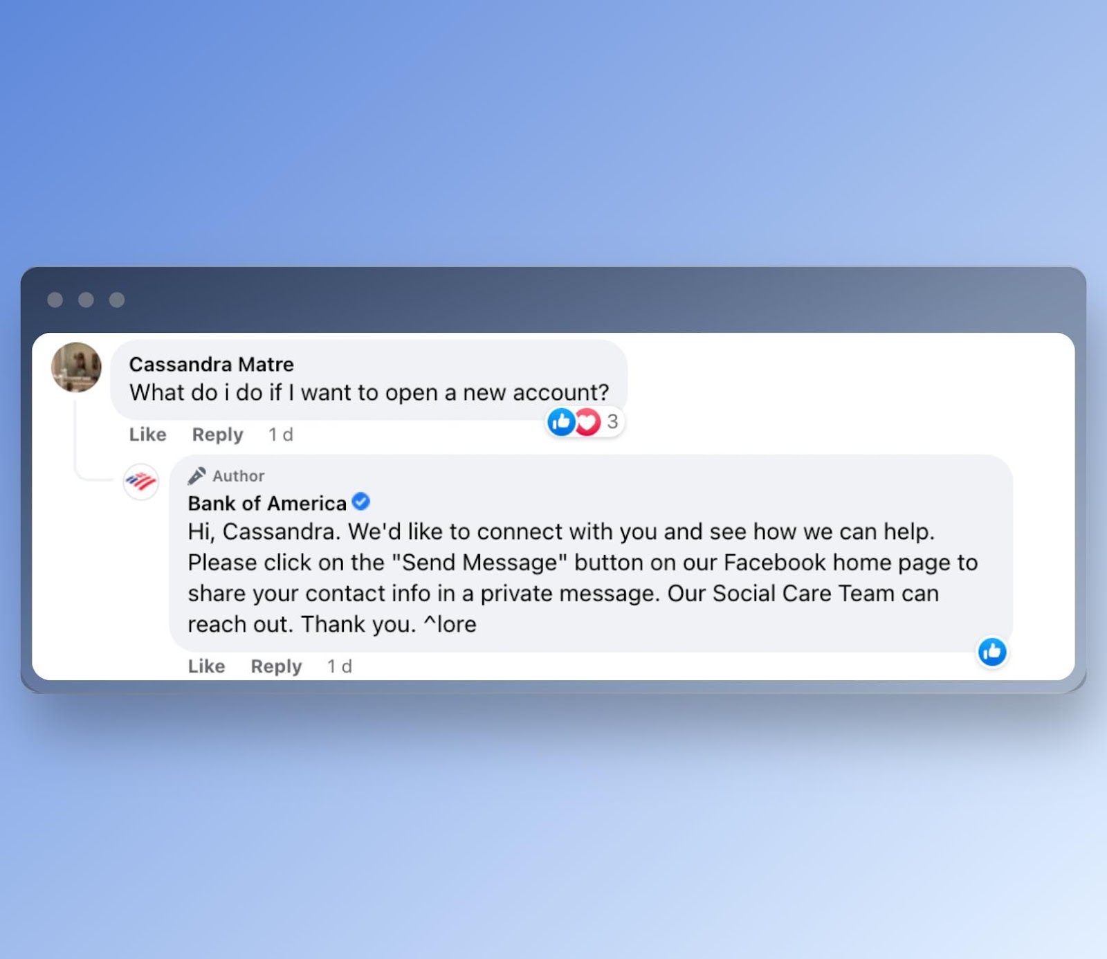 Bank of America’s reply to a comment on Facebook