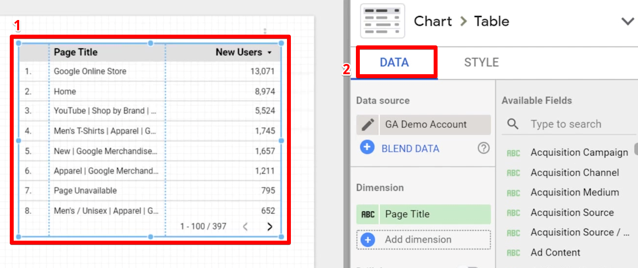 Customizing the charts from the Data Tab of the Google Data Studio account