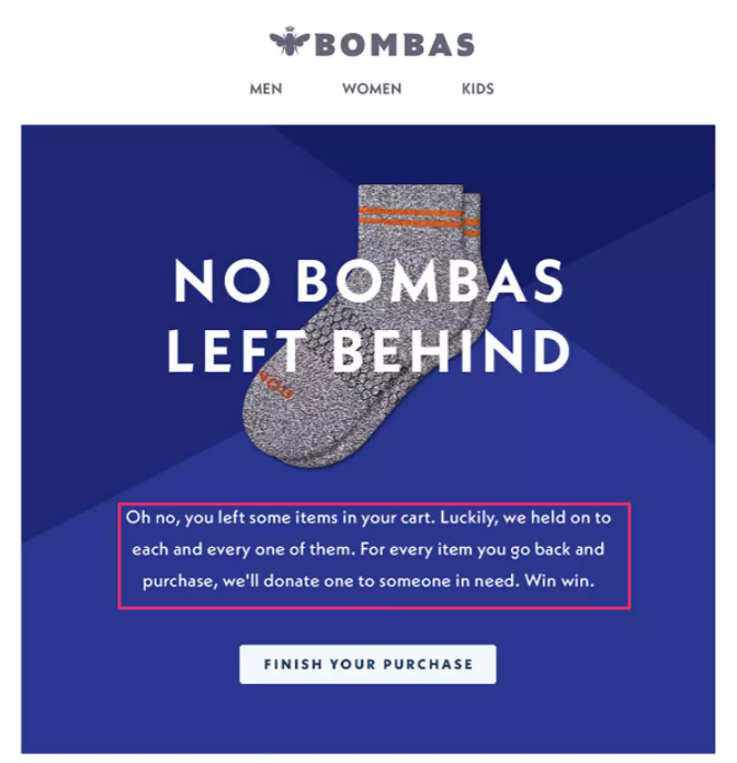 Copie écran : exemple d-email de relance de panier abandonné Bombas
