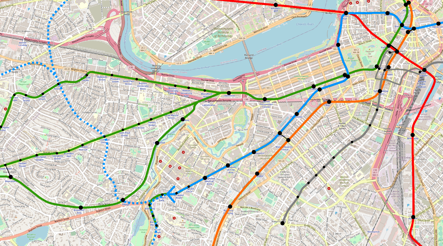 A map of today's MBTA rapid transit system, focused on Back Bay, Longwood, and Brookline. The Blue Line extends from Bowdoin to Charles/MGH, down Storrow Drive to the north end of Arlington Street, runs along the Public Garden to the Green Line's Arlington station, before vaguely turning west under Stuart St (the diagram is imprecise) until reaching Huntington Avenue, where it continues until the Mission Hill neighborhood. From there, dotted lines show possible further extensions south to Forest Hills, and north to Brookline and then Harvard or Brighton