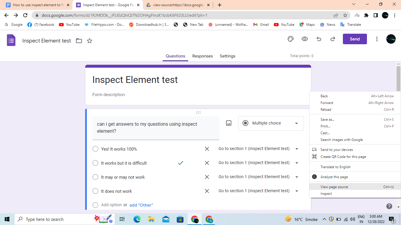checking for answers on Google forms using inspect element