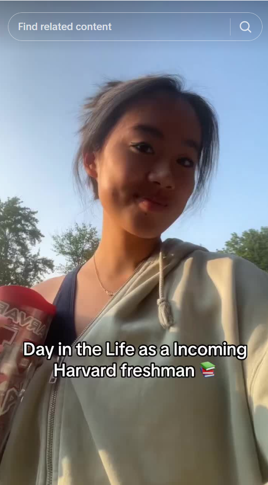 A screenshot of a woman on social media portraying a "day in the life as a incoming Harvard freshman"