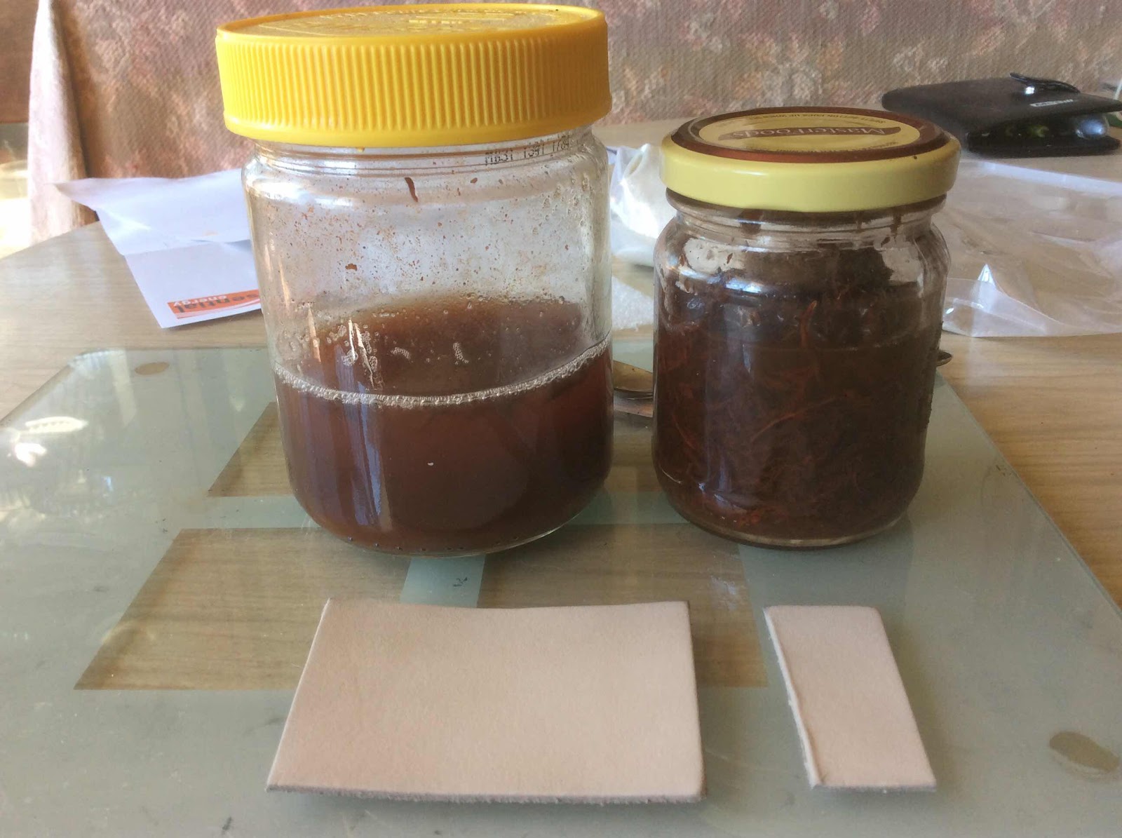 Left: 1st generation dye; right: madder roots and water - 2nd generation