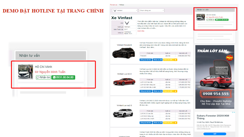 Vị trí hiển thị số hotline tại trang chính của tinbanxe.vn