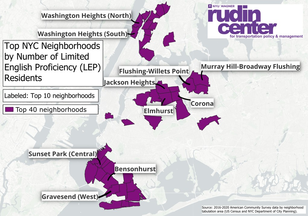 Map showing the top neighborhoods by LEP population. The top 10 are labeled, while the top 40 are highlighted purple. The top 10 neighborhoods are Elmhurst, Bensonhurst, Flushing-Willets Pt, Jackson Heights, Corona, Washington Heights (South), Murray Hill-Broadway Flushing, Sunset Park (Central), Washington Heights (North), and Gravesend (West).