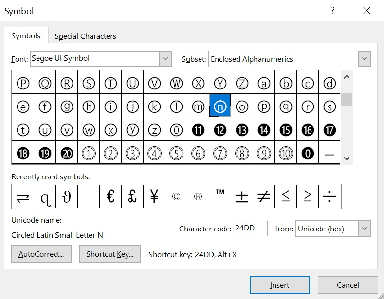 searching for Uppercased Circled N symbols text using the character code