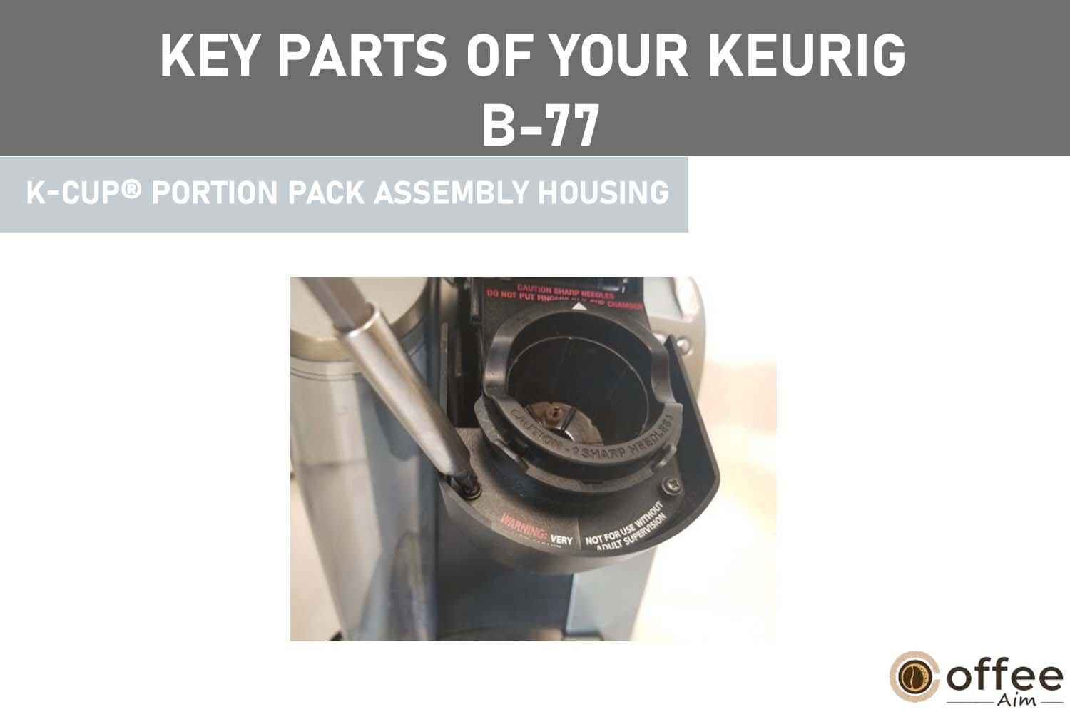 The K-Cup portion pack assembly in the Keurig B-77 holds the K-Cup portion pack holder securely at the bottom of the brewing chamber. It guides hot water from the reservoir through the K-Cup, brewing coffee into your mug.