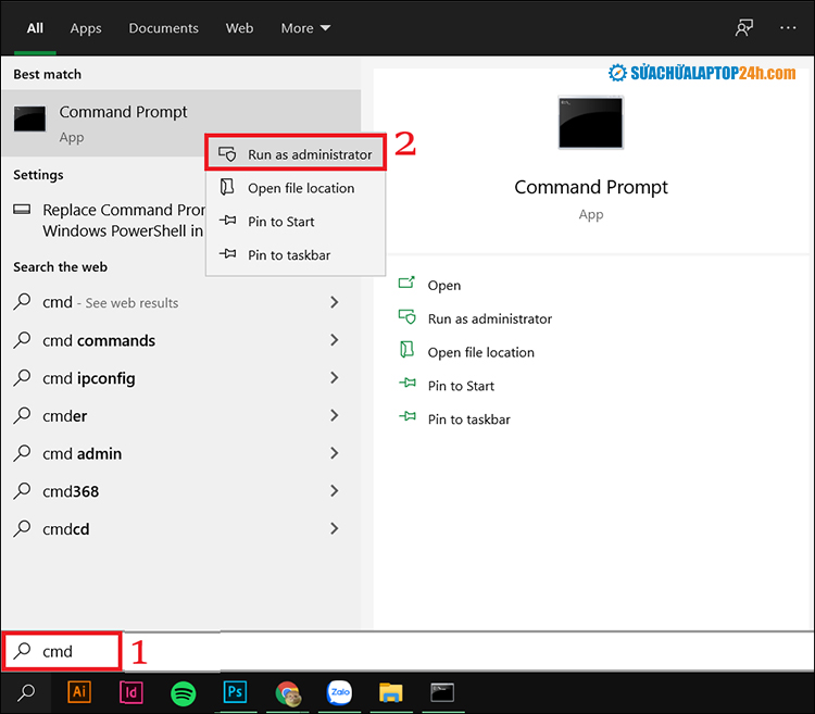 Truy cập cmd và chạy dưới quyền Admin