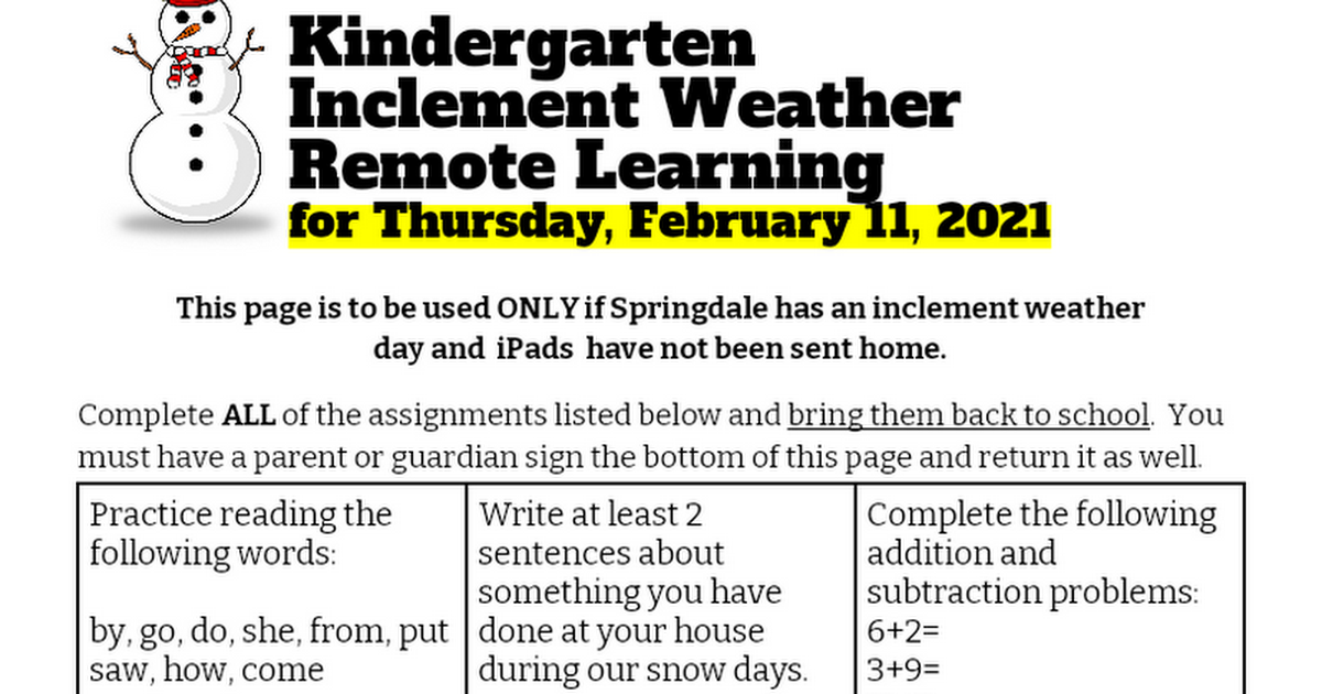 Kindergarten Inclement Weather Remote Learning Plan