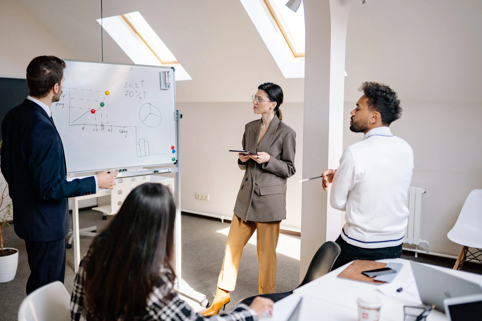 4 Mitarbeitende betrachten in einem Unternehmen ein Whiteboard, auf dem eine Change Management Methode dargestellt ist