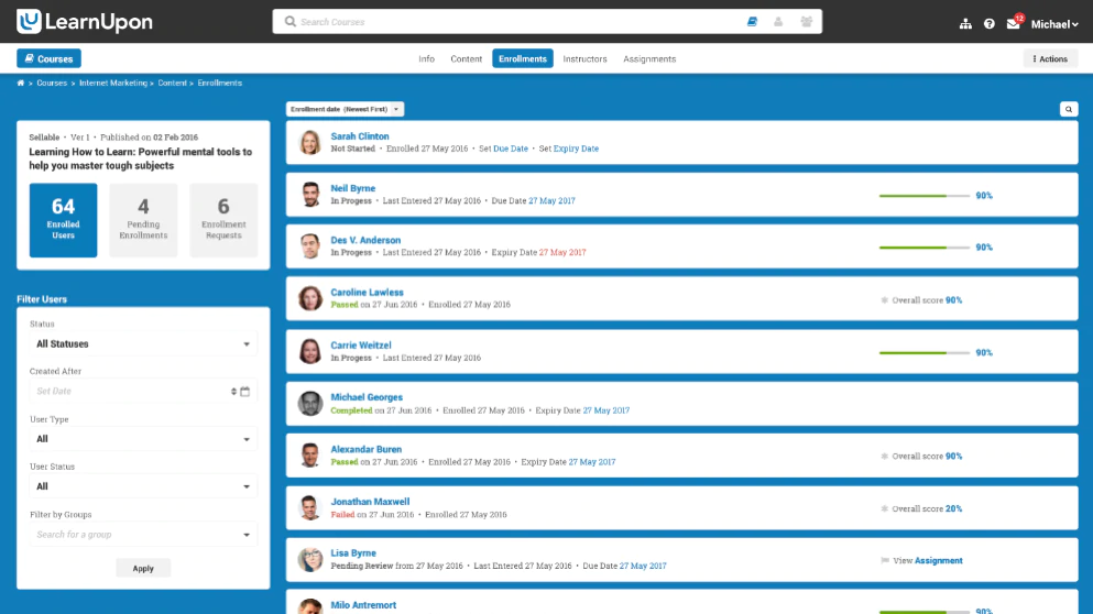 LearnUpon employee training tracking software user interface