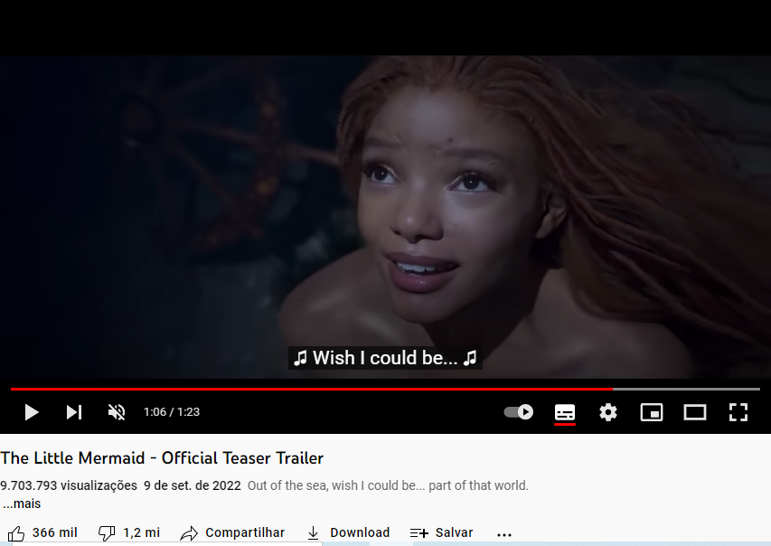Captação de tela retirada do canal oficial da Disney no YouTube mostra que o trailer do filme A Pequena Sereia teve mais dislikes do que likes.