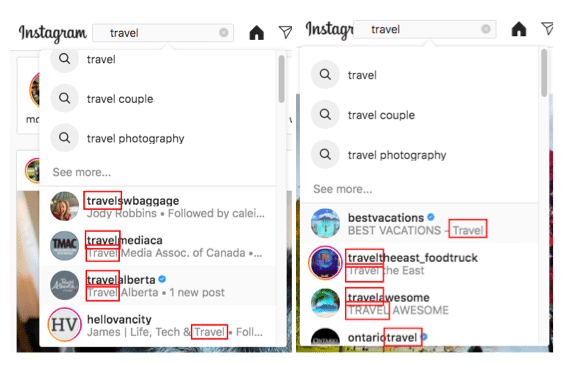 travel search results Instagram handle
