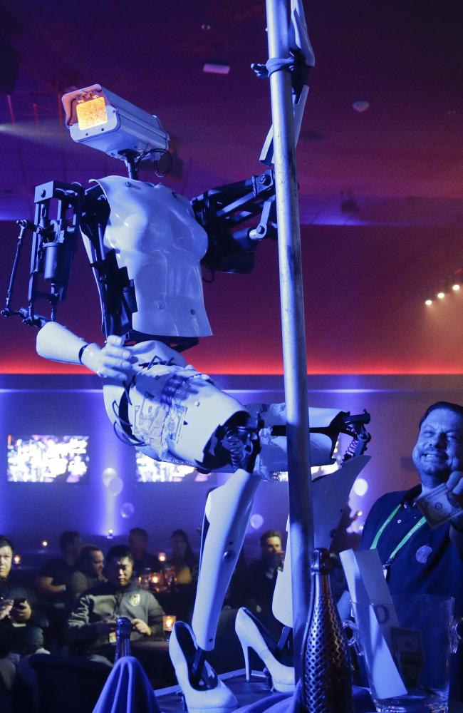 A pole-dancing robot built by British artist Giles Walker performs at a gentlemen's club in Las Vegas. Picture: AP