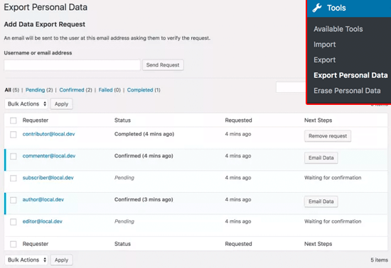 Manipulação de dados do WordPress - GDPR