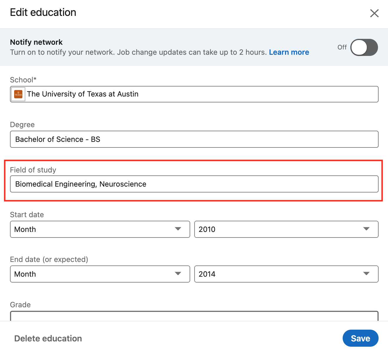 List a double major by editing the “Field of Study” section in the dialogue box that appears when you hit the pencil icon next to your “Education” section of your LinkedIn profile