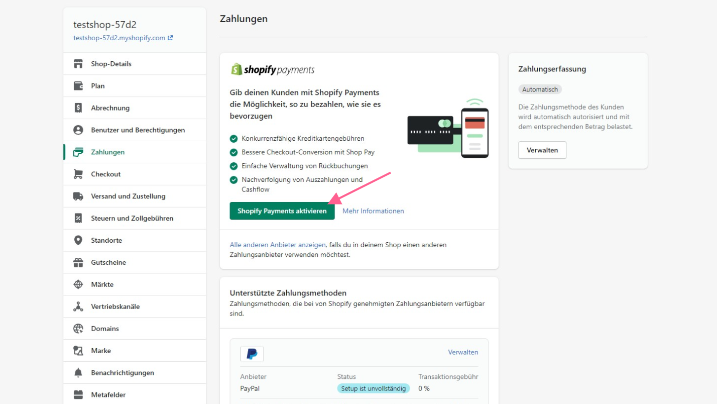 Shopify Payments einrichten Schritt 1