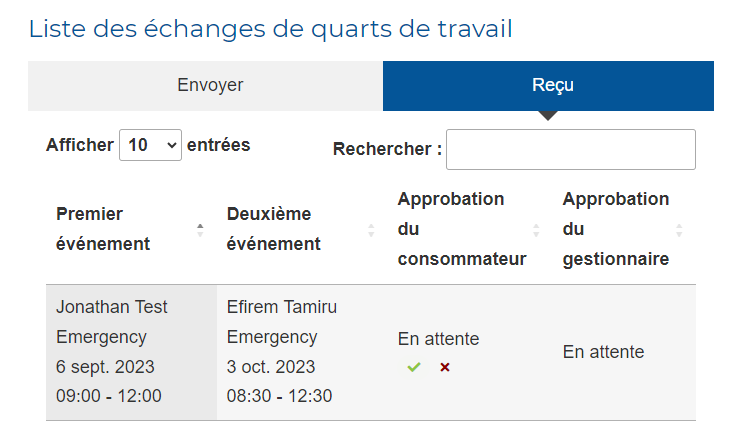 Liste des demandes d'échange de quarts de travail