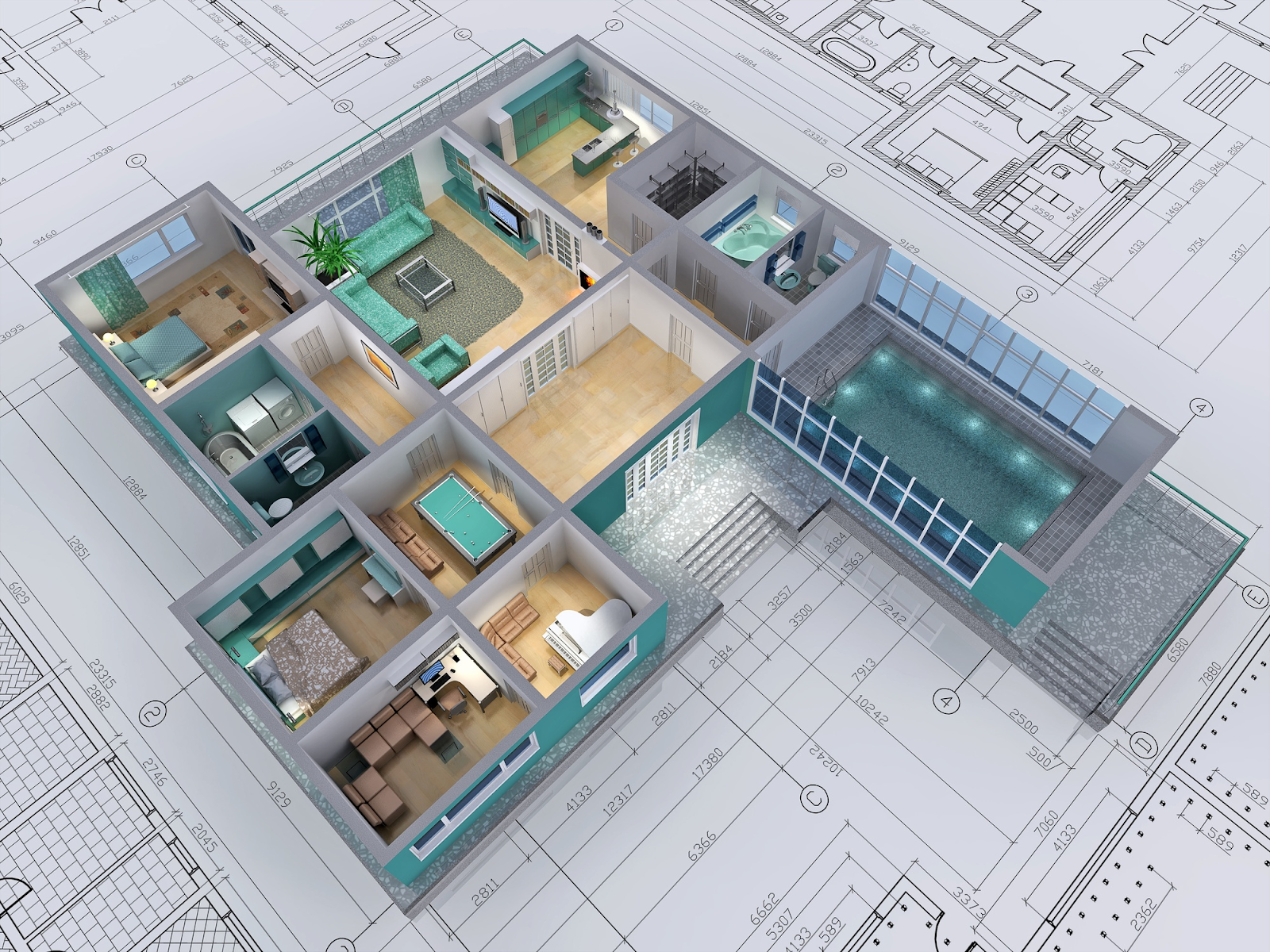 Top view of 3D visualization of a house